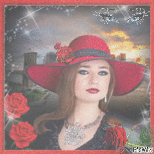 femme au chapeau rouge - Free animated GIF