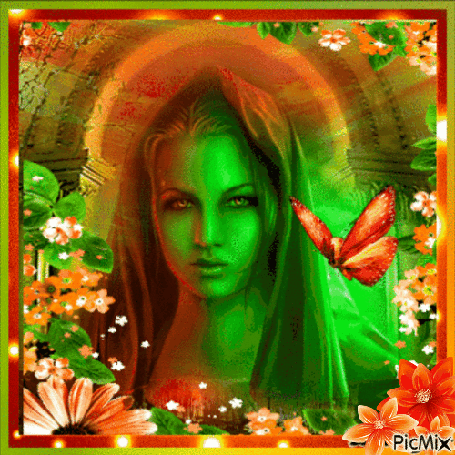 Portrait of a woman - Orange and green tones - Бесплатни анимирани ГИФ