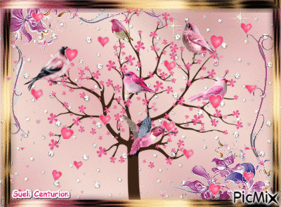 Árvore e pássaros rosa - Безплатен анимиран GIF