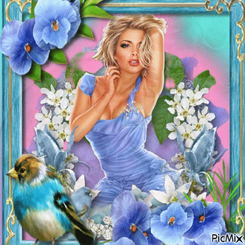 Dziewczyna w niebieskich kwiatach - GIF animé gratuit