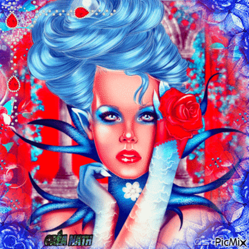 Portrait de femme en rouge et bleu - 無料のアニメーション GIF