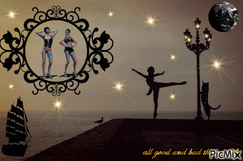 dancing black cat woman ship light moon mirror - Free animated GIF
