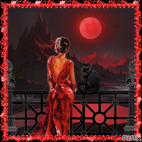 Romantische Nacht in den Bergen unter einem roten Mond - Бесплатный анимированный гифка