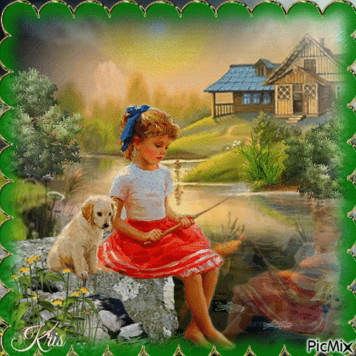 Une petite fille assise au bord d’un étang - GIF animasi gratis