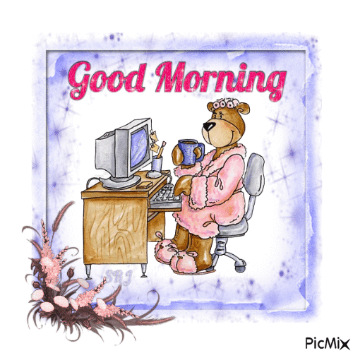 Bear at computer Good Morning - Bezmaksas animēts GIF