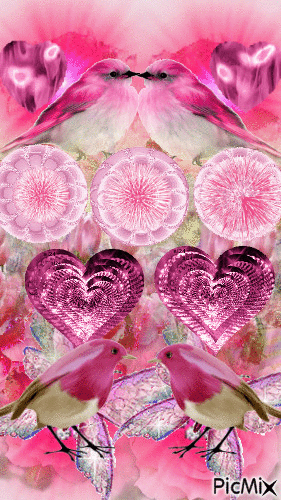 PINK BACKGROUND2 PINK HEARTS SPINNING AT TOP AND 2 PINK BIRDS KISSIND, THREE SPINNING CIRCLES UNDER THAT, 3 PINK HEARTS STACKED AND FLASHING 2 SPARKLING BUTTERS, AND 2 MORE PINK LOVE BIRDS. - Безплатен анимиран GIF