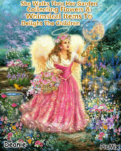 Angel In Garden Collecting Flowers & Whimsical Items - Bezmaksas animēts GIF