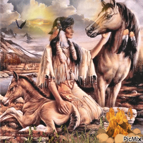 Pferde mit einer Indianerin - Бесплатный анимированный гифка