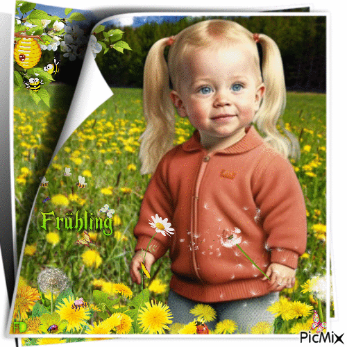 Kleines Mädchen und Frühlingsblumen - Darmowy animowany GIF