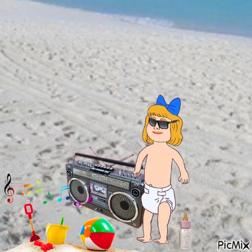 Baby with beach toys, radio and bottle - nemokama png