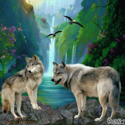 Wolf on the side of the waterfall - GIF animado grátis