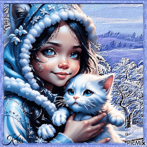 Fillette et son chaton en hiver - Безплатен анимиран GIF