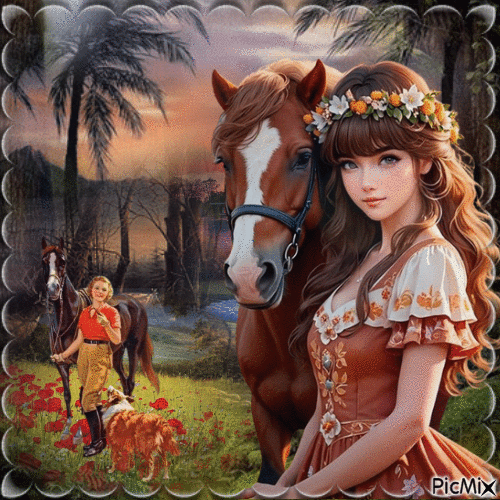 Femme avec son Cheval - Free animated GIF