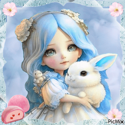 Girl with Bunny and Mochi - Free animated GIF