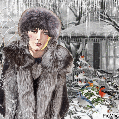 Happy Winter Vintage woman - Безплатен анимиран GIF