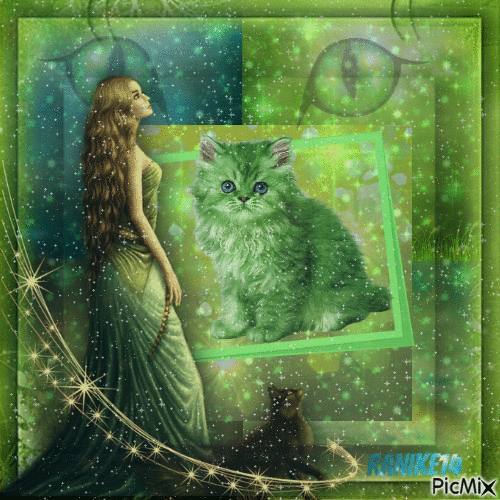 Le chat vert/Green cat❤ - Gratis animeret GIF