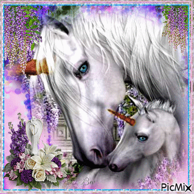 Unicorn & foal among wisteria - GIF animado gratis