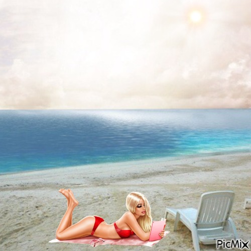 Beach girl reading book - Free PNG