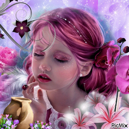 la petite fille et les fleurs - Δωρεάν κινούμενο GIF
