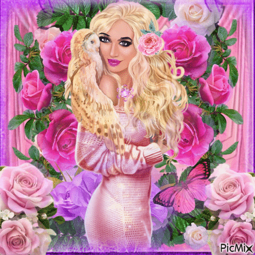 blonde woman with roses(pink and purple) - GIF animé gratuit