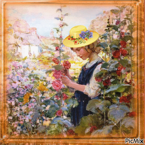 The girl and the garden - Watercolor - GIF animado gratis