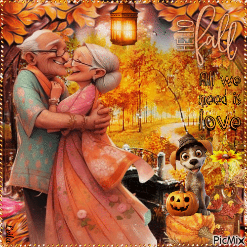 Hello fall. All we need is love. Old couple - Бесплатный анимированный гифка