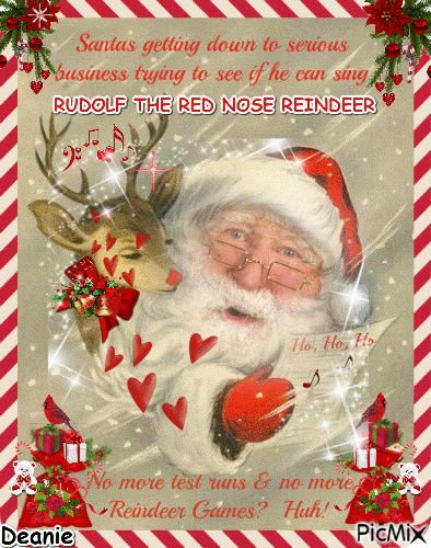 Santa Sings Rudolf The Red Nose Reindeer to a Sleeping Rudolf - GIF animé gratuit