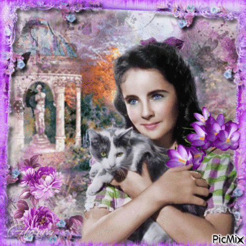 Femme avec un chaton et des fleurs - Free animated GIF