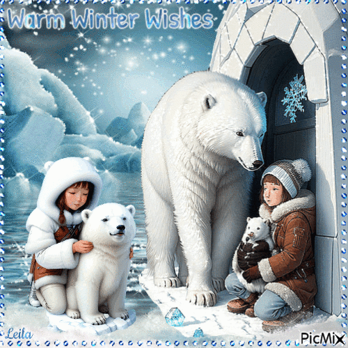 Warm Winter Wishes. Polar bear, eskimo children - Zdarma animovaný GIF