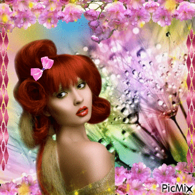 red head with bun and spring flowers - GIF animé gratuit