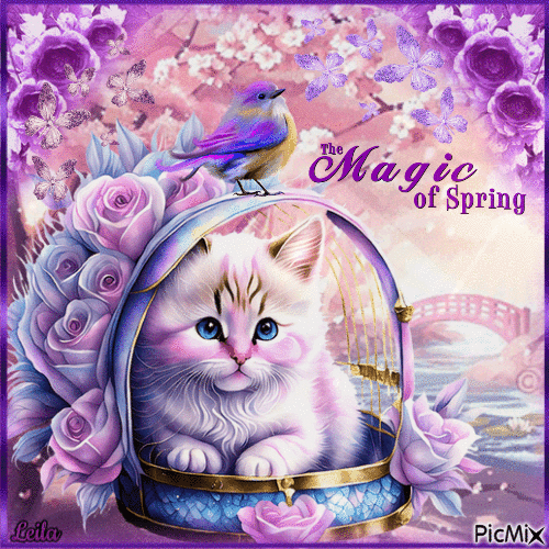 The Magic of Spring. Cat, bird, purple, pink - GIF animé gratuit