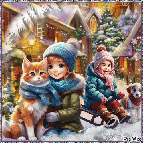 Enfants et animaux en hiver / concours - GIF animado grátis