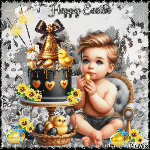 Happy Easter. Boy, cake, egg - Zdarma animovaný GIF