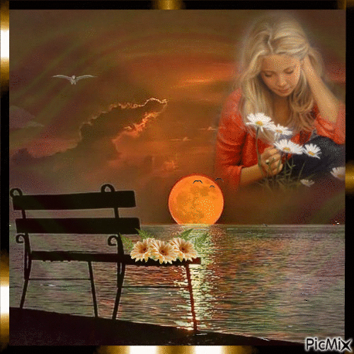 Nostalgic woman in orange sunset - Бесплатни анимирани ГИФ