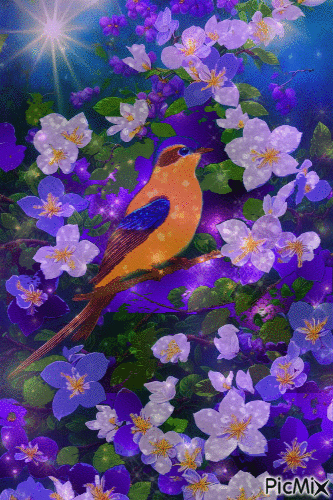 Птичка в цветах - GIF animé gratuit