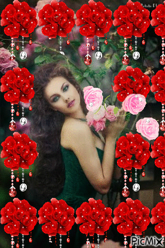 Piros rózsák közt egy nő ,kezében rózsaszínű rózsa. - Zdarma animovaný GIF