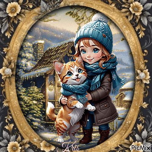 Enfant en hiver avec un chat - GIF animado grátis
