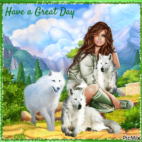 Have a Great Day. Wolfs, dogs, girl - GIF animate gratis