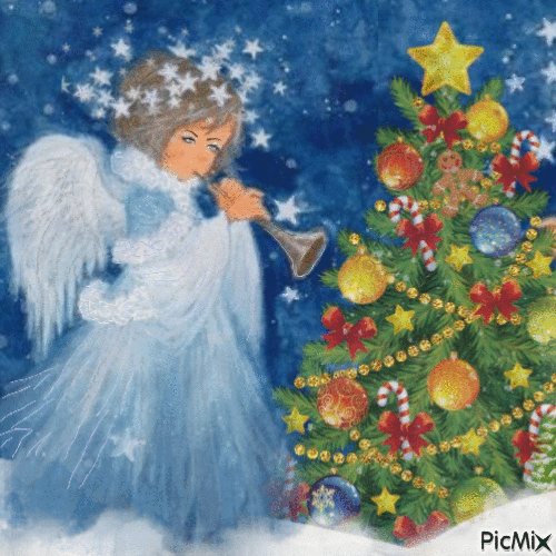 Sapin de Noël et anges. - Free animated GIF