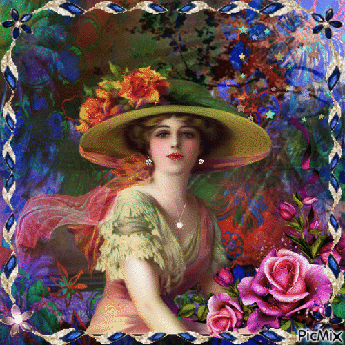 Portrait Woman Spring Flowers Hat Vintage Glitter - Free animated GIF