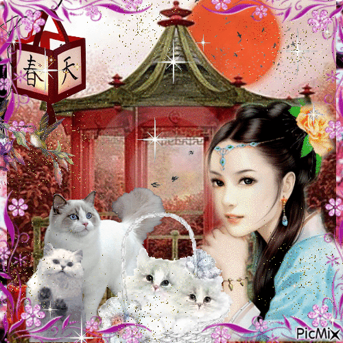 Belleza oriental con gatos blancos - Darmowy animowany GIF