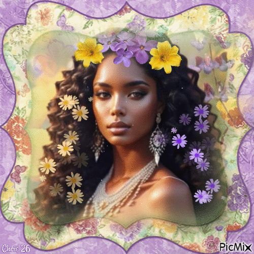 CONTEST - Woman with purple/yellow flowers on head - GIF animado grátis