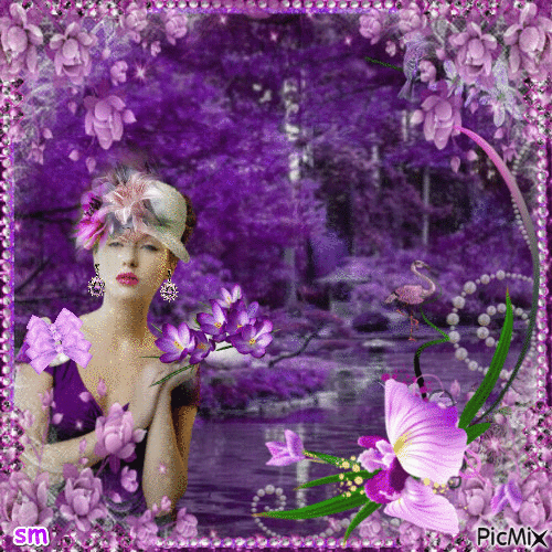 dama con flores violetas - Gratis animerad GIF