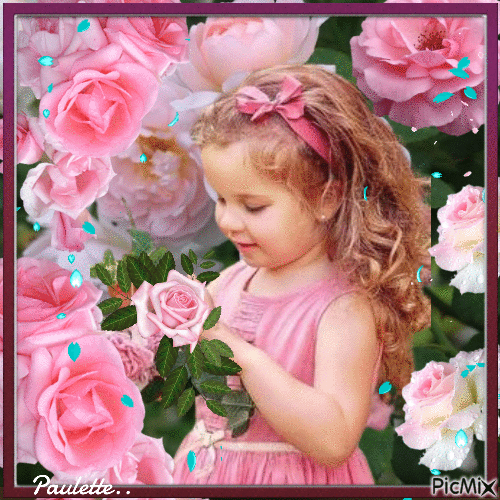 petite fille aux roses - GIF animado grátis