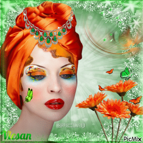 Retrato de una mujer - Tonos naranjas y verdes - Free animated GIF