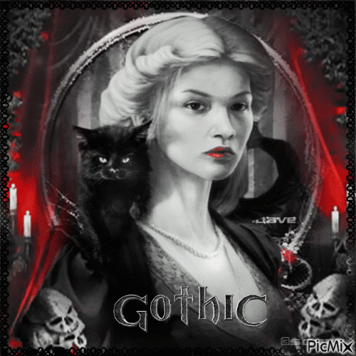 Gothic portrait woman cat BWR - Kostenlose animierte GIFs