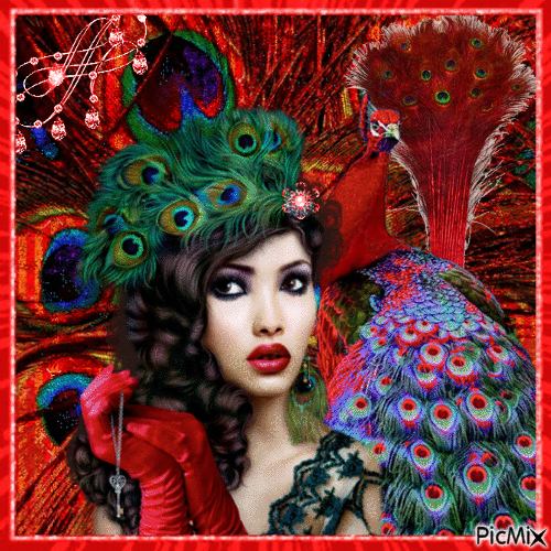 Red , blue Peacock Lady - Безплатен анимиран GIF