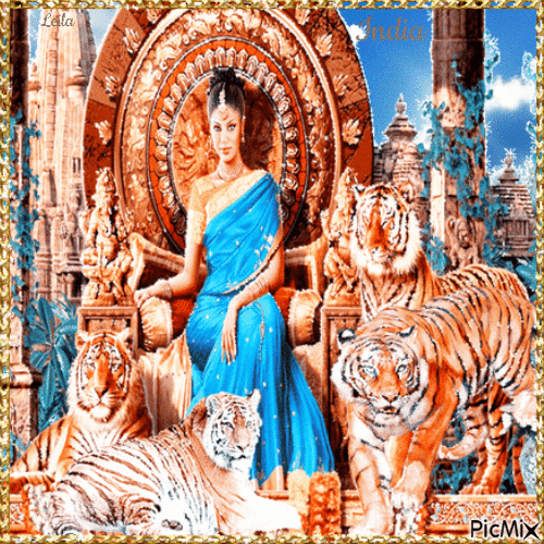 Lady India. Tigers and an Indian woman. - Besplatni animirani GIF