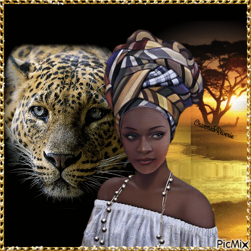 Beauté africaine et léopard - GIF animé gratuit