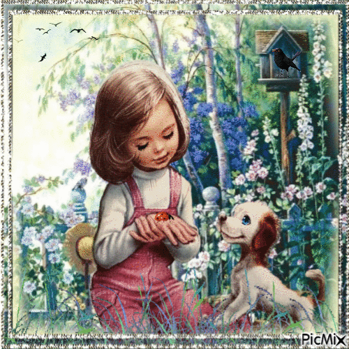 Ребенок весной с собакой - Бесплатни анимирани ГИФ
